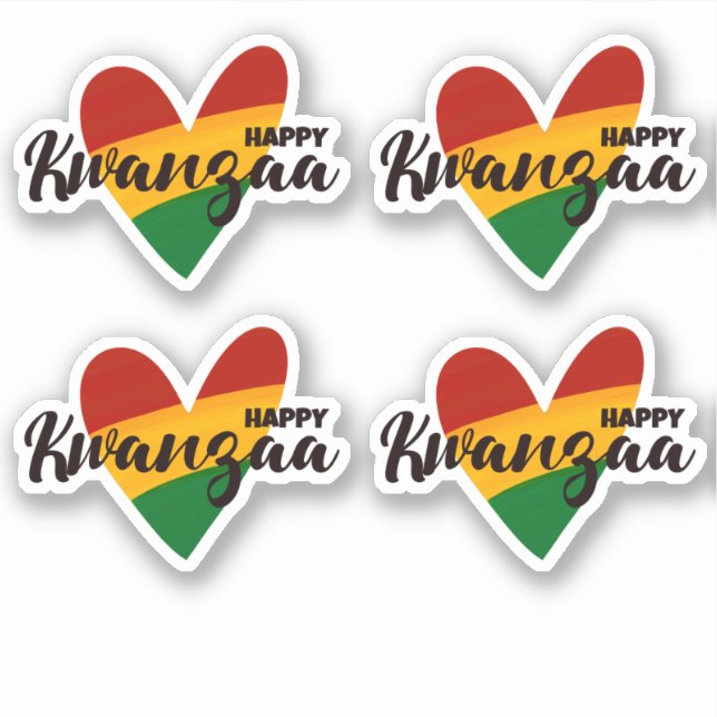 4 x Happy Kwanzaa Red Yellow Green Striped Hearts (Front)