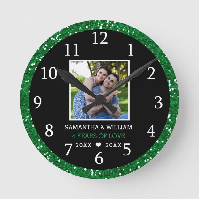 4 Year Anniversary Photo Black And Green Glitter   Round Clock (Front)