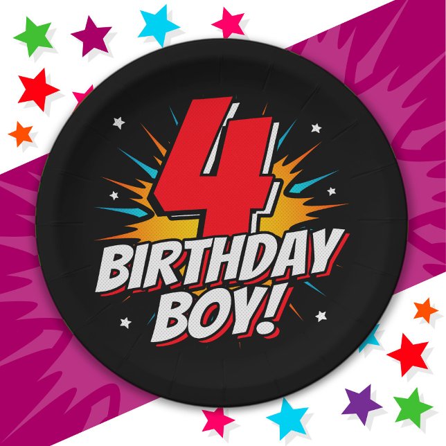 4 Year Old Superhero Birthday Boy 4th Birthday Paper Plate (Creator Uploaded)