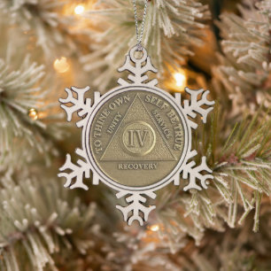 4 Year Sober Anniversary Medallion Snowflake Pewter Christmas Ornament