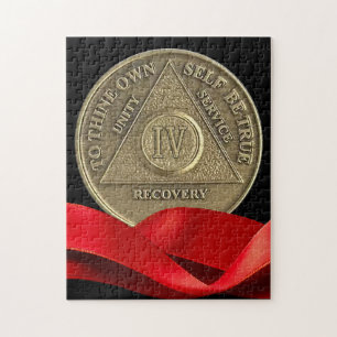 4 Year Sober Recovery Anniversary Coin Red Ribbon Jigsaw Puzzle