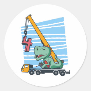 4 years 4th Birthday Mobile Crane Dinosaur Classic Round Sticker