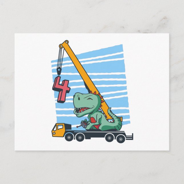 4 years 4th Birthday Mobile Crane Dinosaur Postcard (Front)