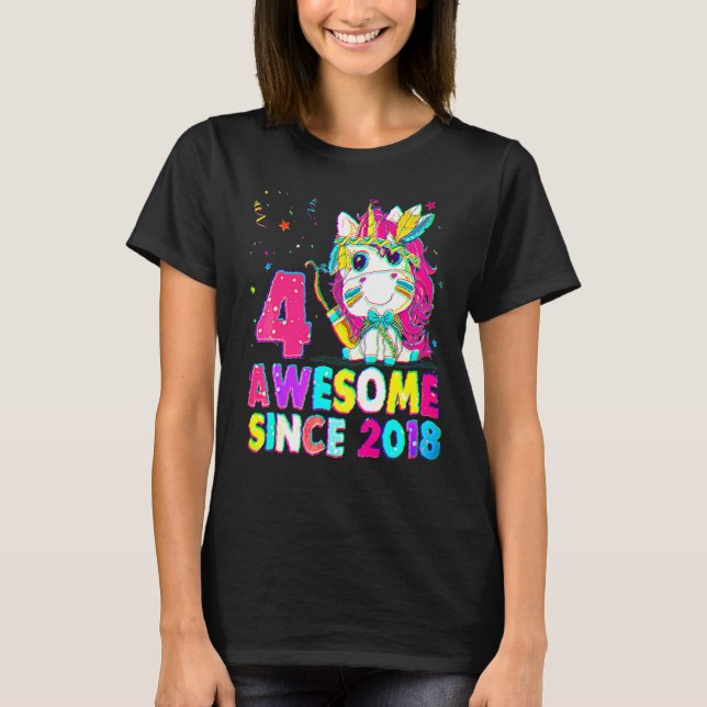4 Years Old 4th Birthday Unicorn Girl Awesome Sinc T-Shirt (Front)