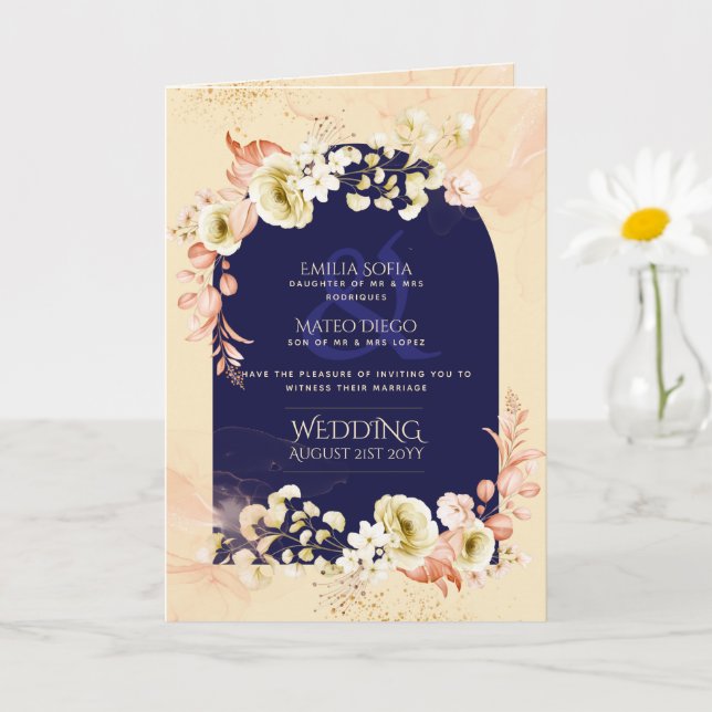 4pg Navy Blue Coral Floral Wedding Invite Program (Small Plant)