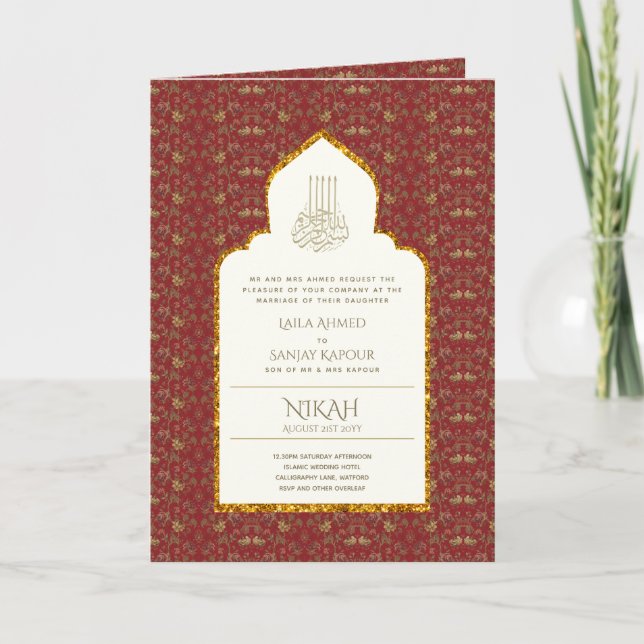 4Pg NIKAH WALIMA Invite Red Gold Ornate Islamic (Front)