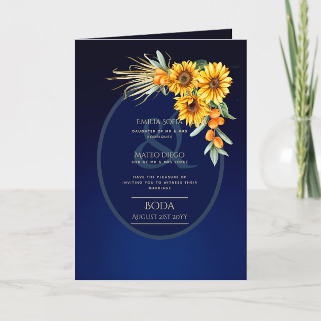 4pg Spanish BODA invitations, Blue Sunflowers  Car Card (Front)