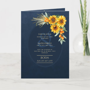 4pg Spanish BODA invitations, Blue Sunflowers  Car Card