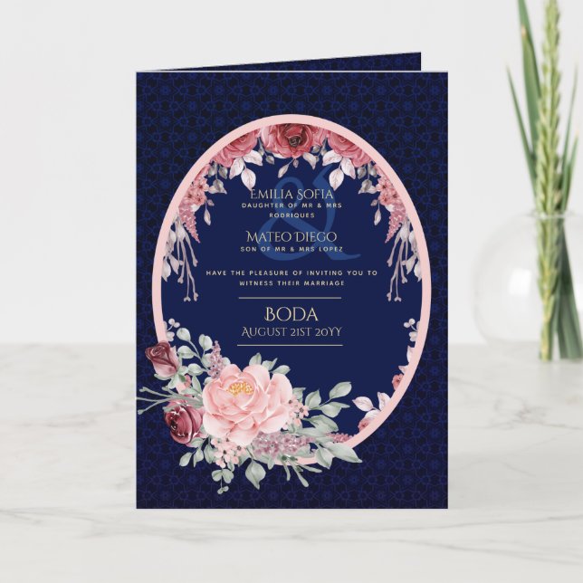 4pg Spanish BODA Invitations Navy Blue Burgundy (Front)