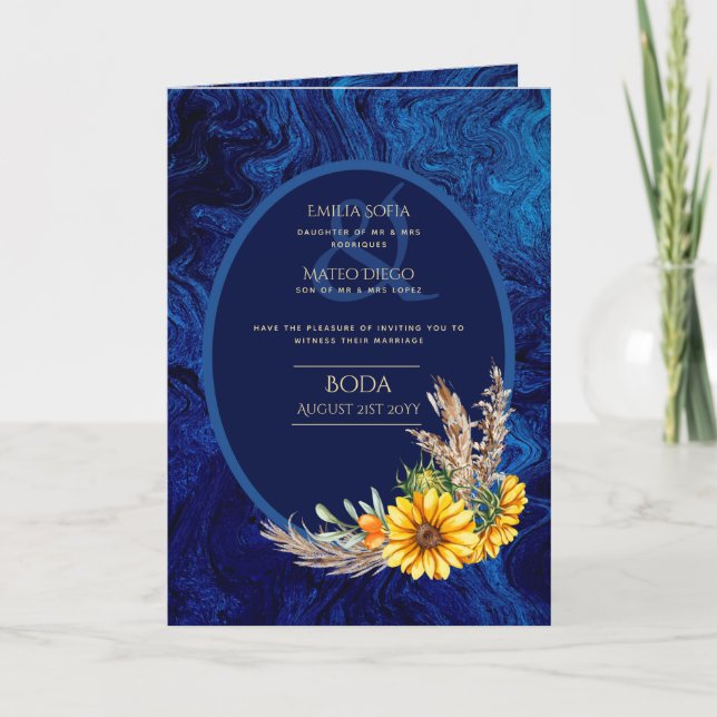 4pg Spanish BODA Invitations Royal Blue Sunflowers (Front)
