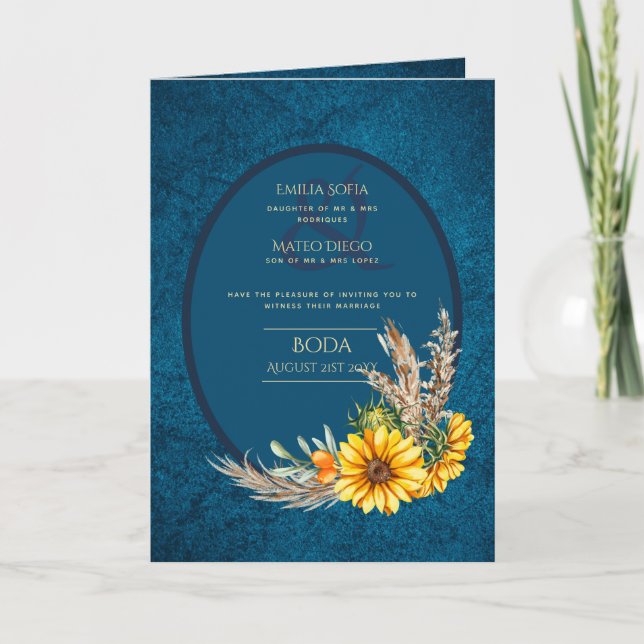 4pg Spanish BODA Invitations Teal Blue Sunflowers (Front)