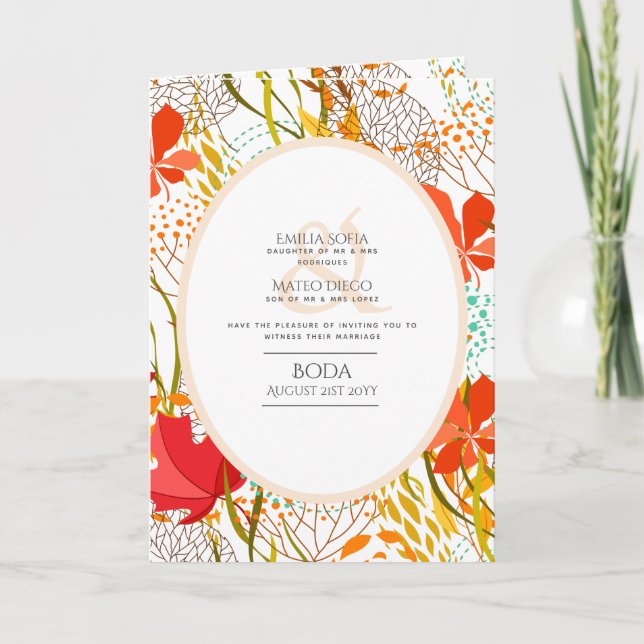 4pg Spanish BODA Invite Fall Leaves Modern (Front)