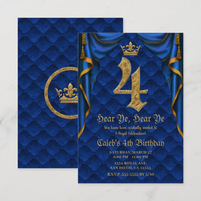 4TH 4 FOUR Birthday Party Royal Blue Gold Crown    Invitation (Front/Back)