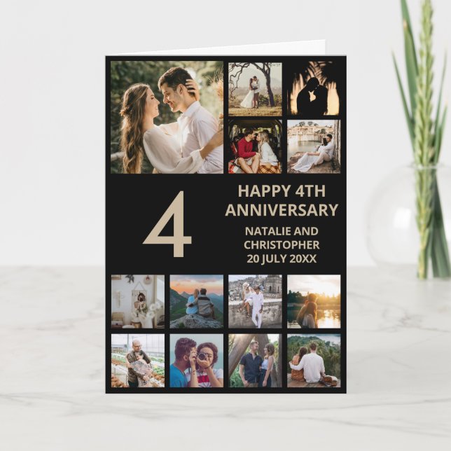 4th Anniversary 13 Photo Collage Black and Gold Card (Front)