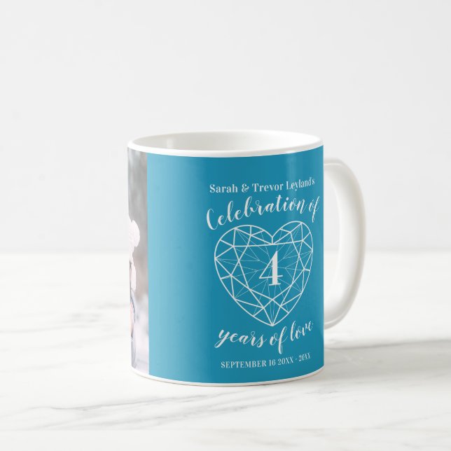 4th anniversary blue topaz heart custom photo coffee mug (Front Right)