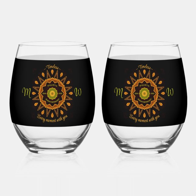 4th Anniversary Drinkware Set Stemless Wine Glass (Front)