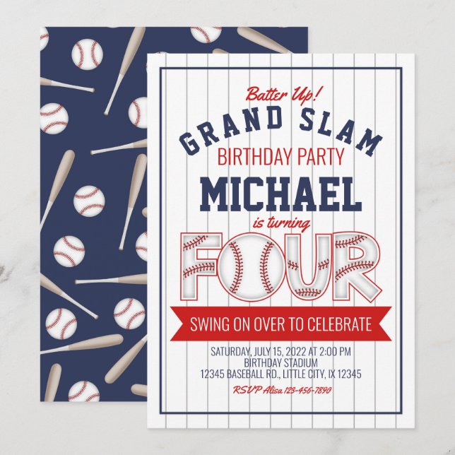 4th Baseball Birthday Invitation (Front/Back)