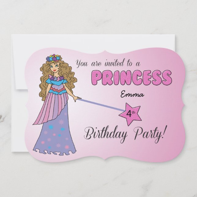 4th Bday Invitation Pink Princess w/ Sparkly Wand (Front)