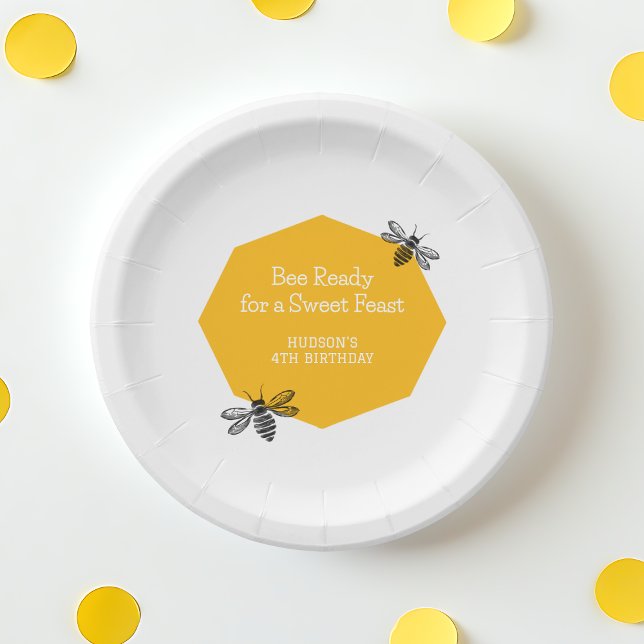 4th Bee Honeycomb Modern Fourth Birthday Party Paper Plate (4th Bee Honeycomb Modern Fourth Birthday Party Paper Plates)