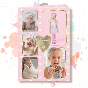 4th Birthday 5 Picture Collage Gold Pink Hearts Card