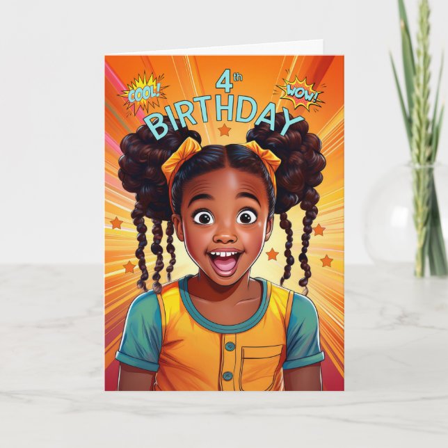 4th Birthday African American Girl Pop Art Style Card (Front)