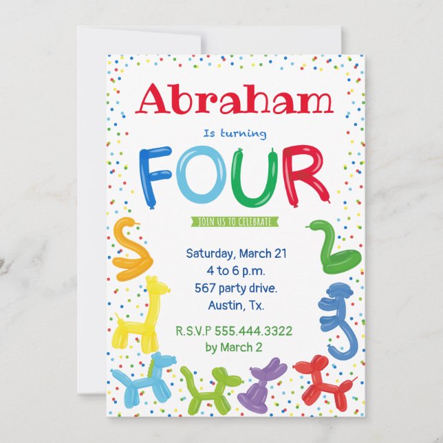 4th birthday animal balloons invitation (Front)