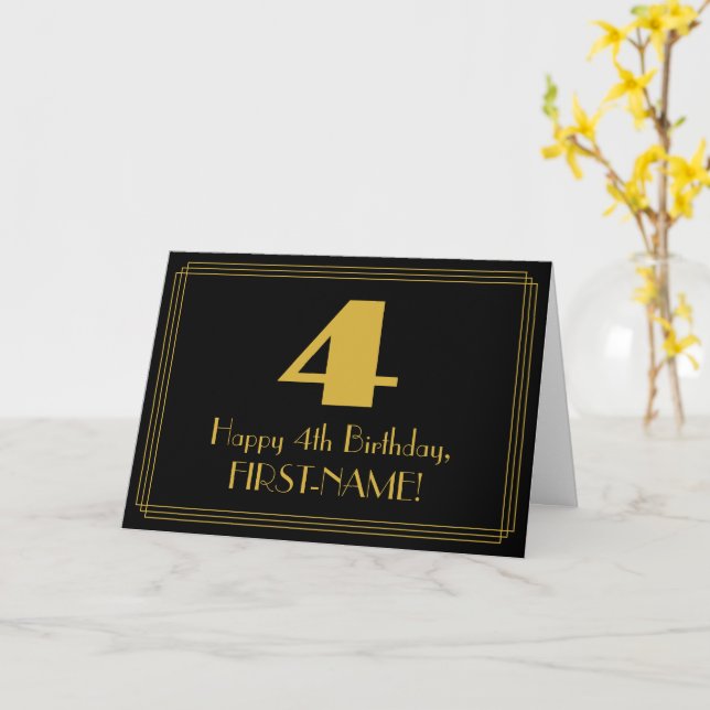 4th Birthday: Art Deco Inspired Look "4" & Name Card (Yellow Flower)