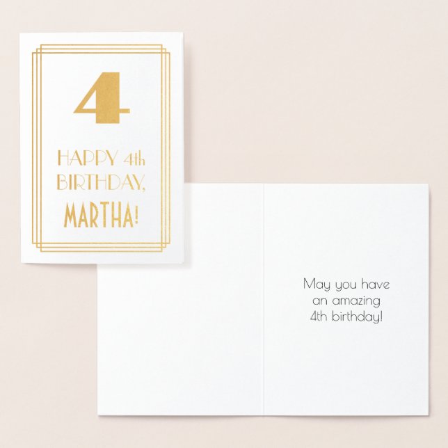 4th Birthday: Art Deco Inspired Look "4" & Name Foil Card (Display)