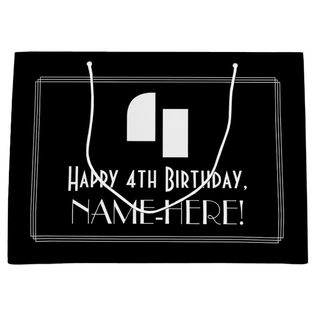 4th Birthday ~ Art Deco Inspired Look "4" + Name Large Gift Bag (Front)