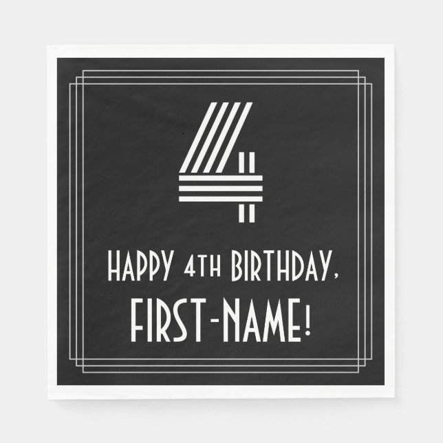 4th Birthday: Art Deco Inspired Look "4" + Name Napkin (Front)