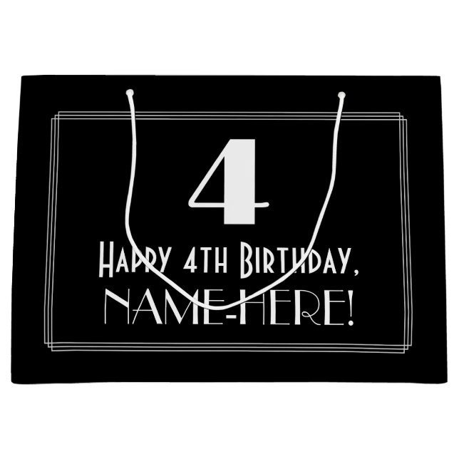 4th Birthday: Art Deco Inspired Style "4", Name Large Gift Bag (Front)