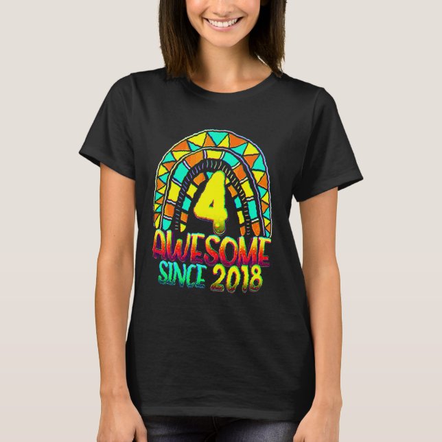 4th Birthday Awesome Since 2018 Birthday Rainbow   T-Shirt (Front)