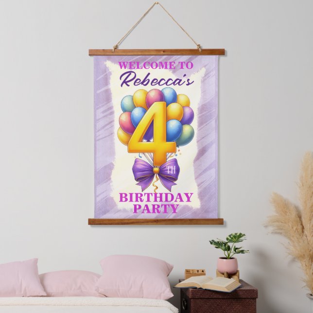 4th Birthday Balloon Theme Hanging Tapestry (Bedroom)