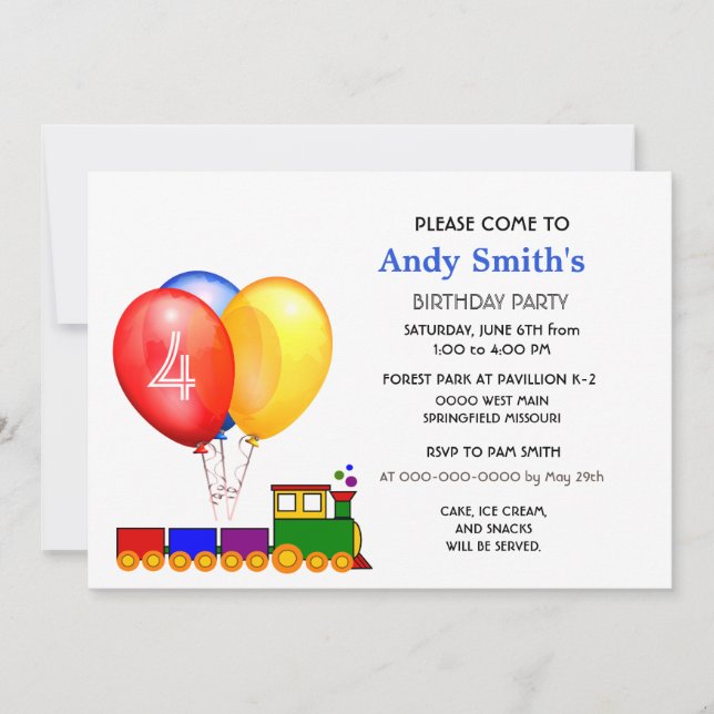 4th Birthday Balloons a Train Party Invitation  (Front)