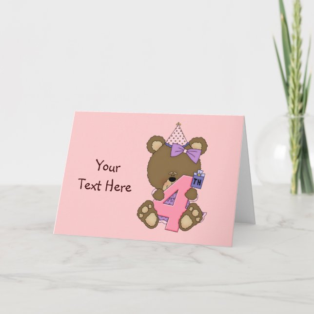 4th Birthday Bear Girl (customisable) Card (Front)