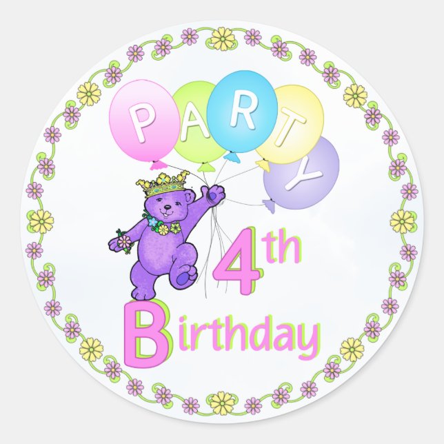 4th Birthday Bear Princess Balloons Classic Round Sticker (Front)