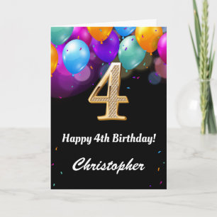 4th Birthday Black and Gold Colourful Balloons Car Card