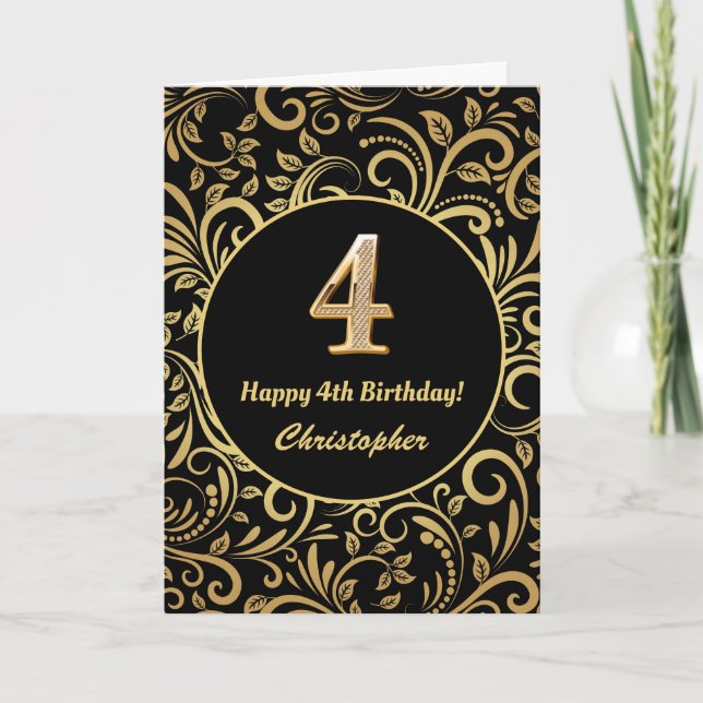 4th Birthday Black and Gold Floral Pattern Card (Front)