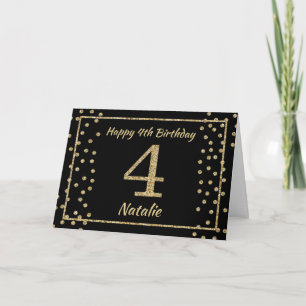 4th Birthday Black and Gold Glitter Confetti Card