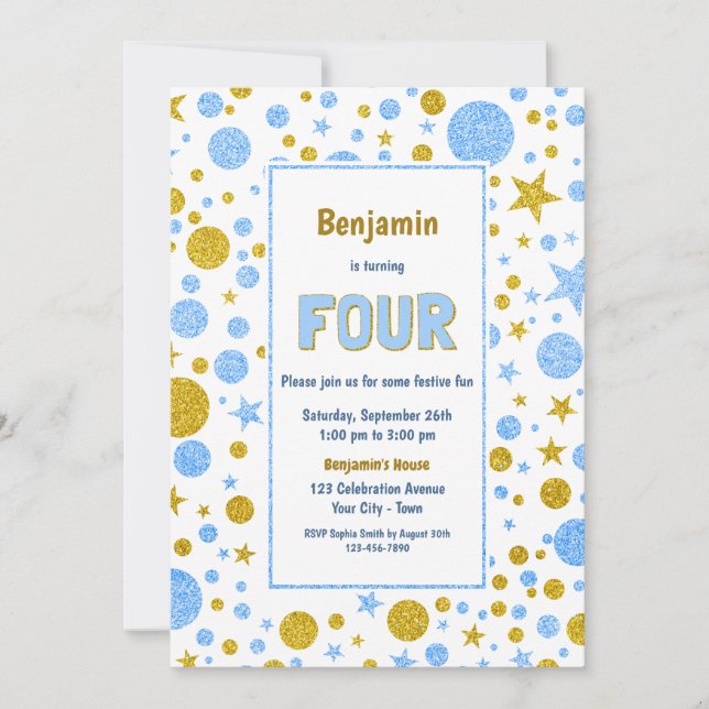 4th Birthday Blue and Gold Glitter Party Invitation (Front)