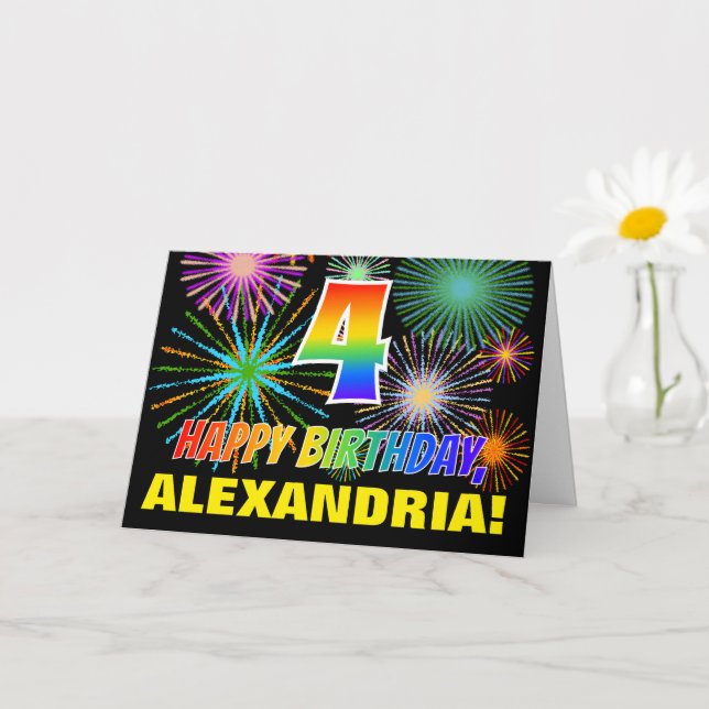 4th Birthday: Bold, Fun, Fireworks, Rainbow 4 Card (Small Plant)