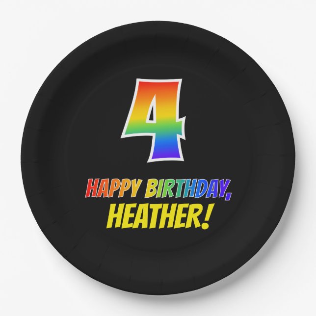4th Birthday: Bold, Fun, Simple, Rainbow 4 Paper Plate (Front)