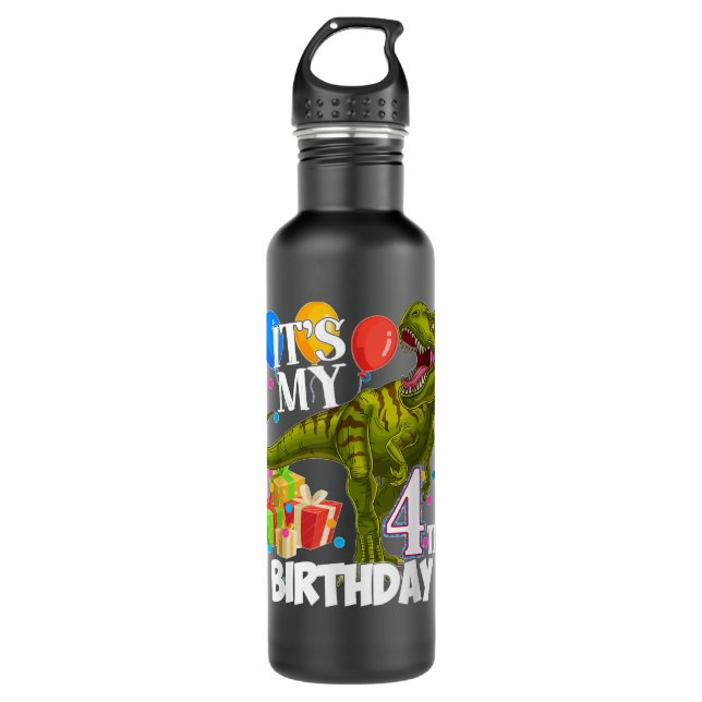 4th Birthday Boy 4 Years Old Dinosaur Saurus T Rex 710 Ml Water Bottle (Front)