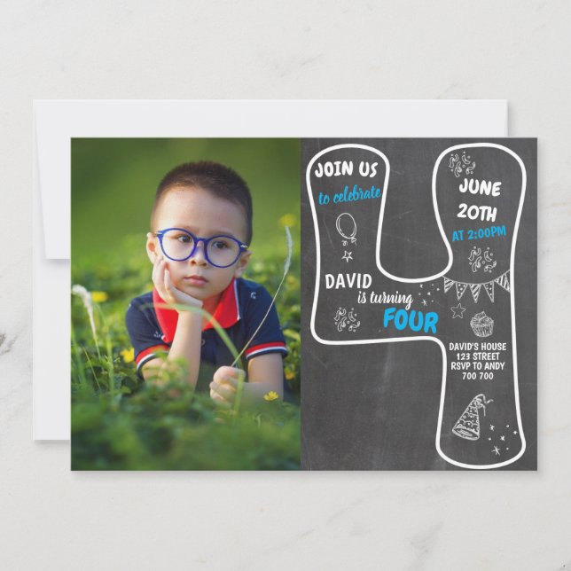4th Birthday Boy Chalkboard with Photo Blue Number Invitation (Front)