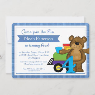 4th Birthday Boy Invitations Teddy Bear Train