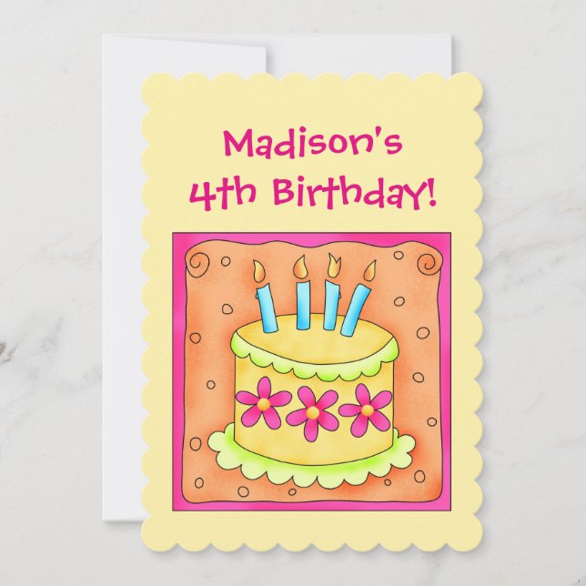 4th Birthday Cake Art Personalise Party Invitation (Front)