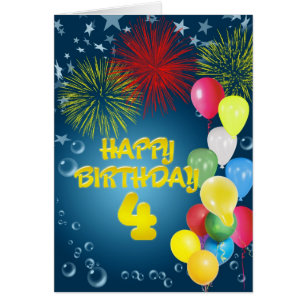 4th Birthday card with fireworks and balloons