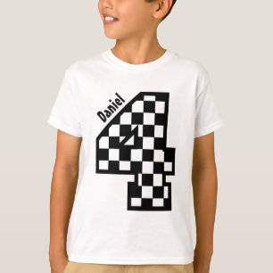 4th Birthday Chequered Four Year Black and White T-Shirt