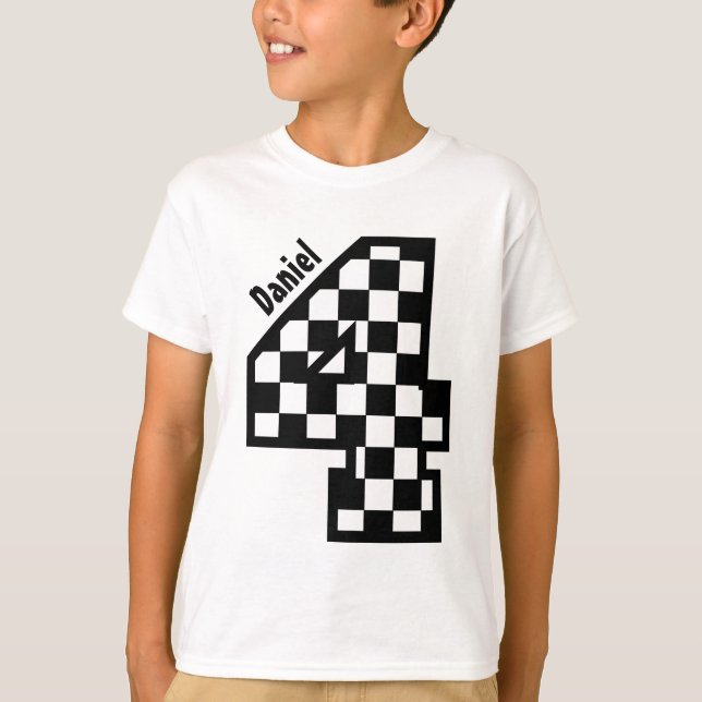 4th Birthday Chequered Four Year Black and White T-Shirt (Front)