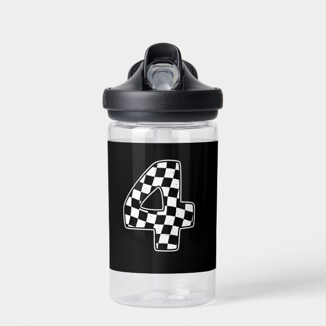 4th Birthday Chequered Number 4 Car Racing Flag  Water Bottle (Front)